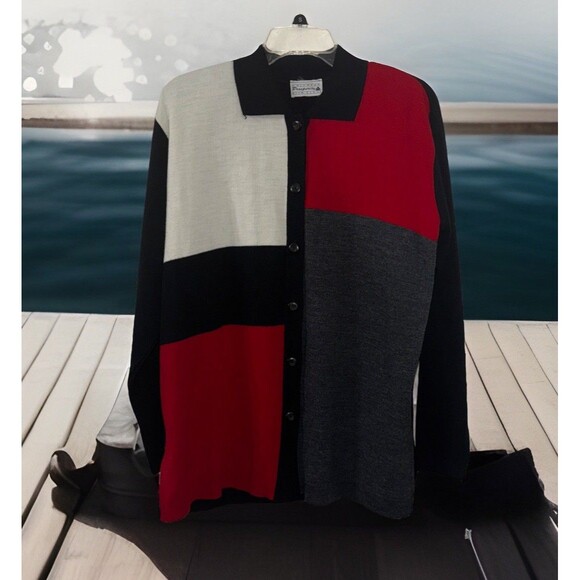 Y2k 90 Prosperity Collared Cardigan Xl Colorblock USA Granny ChristmasCore Party - Picture 1 of 4